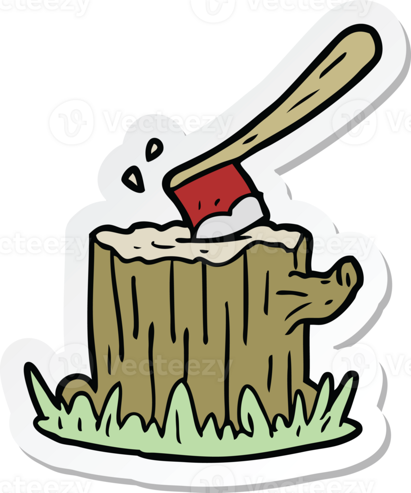 sticker of a cartoon axe in tree stump png