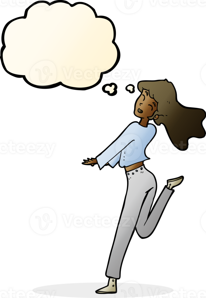 cartoon happy girl kicking out leg with thought bubble png