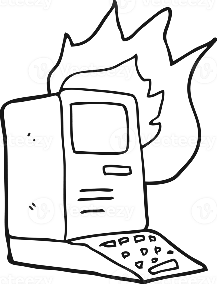 drawn black and white cartoon old computer on fire png