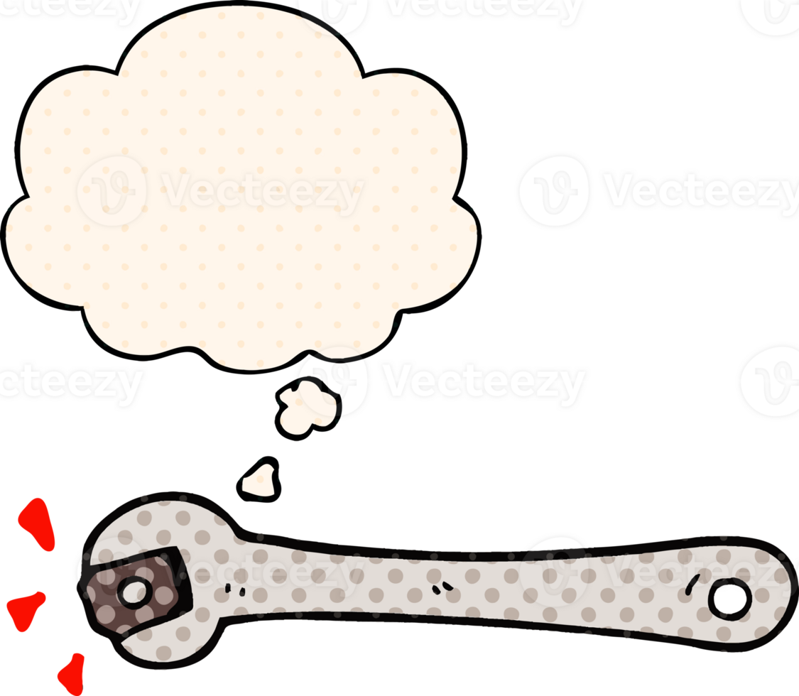 cartoon spanner turning nut with thought bubble in comic book style png