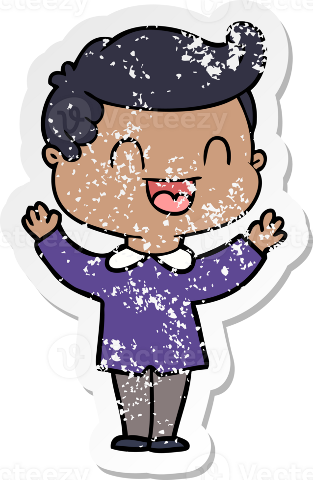 distressed sticker of a cartoon happy man png