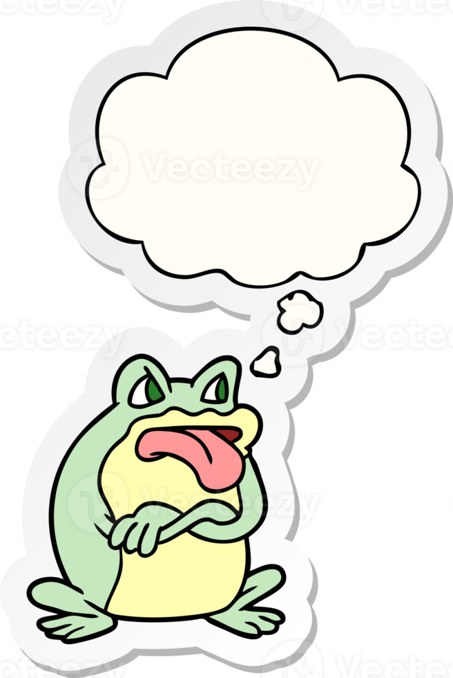 grumpy cartoon frog with thought bubble as a printed sticker png