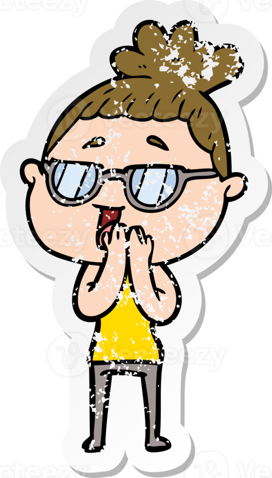distressed sticker of a cartoon happy woman wearing spectacles png