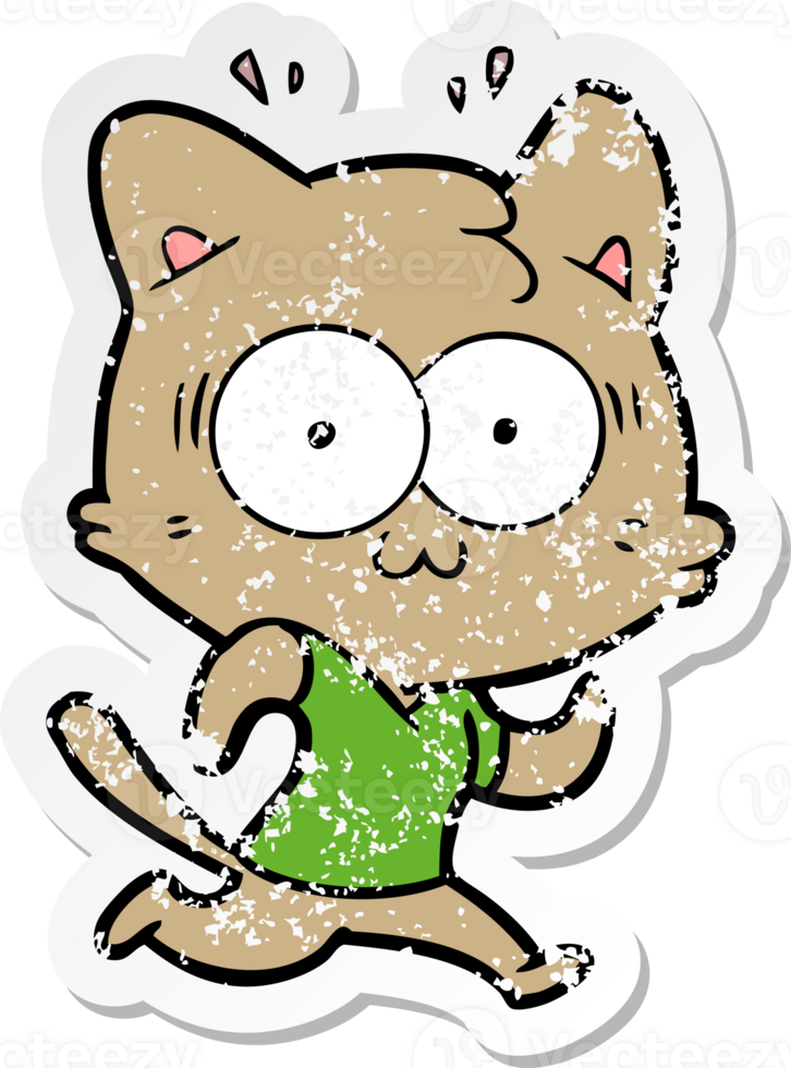distressed sticker of a cartoon surprised cat running png