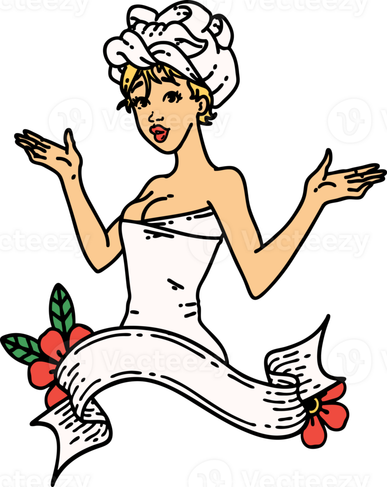 tattoo in traditional style of a pinup girl in towel with banner png