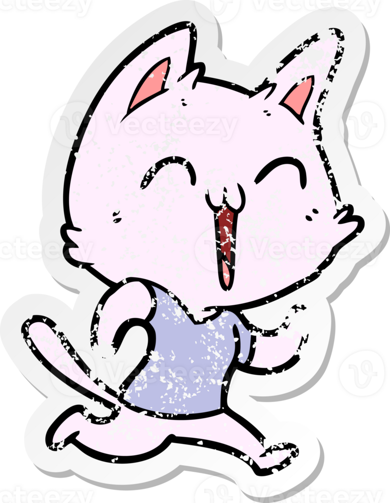 distressed sticker of a happy cartoon cat png
