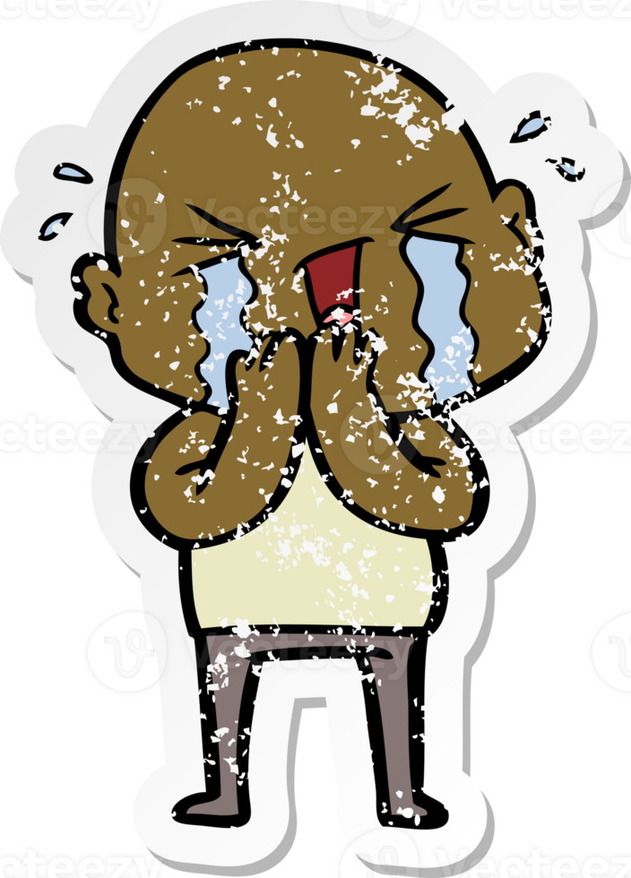 distressed sticker of a cartoon crying bald man png