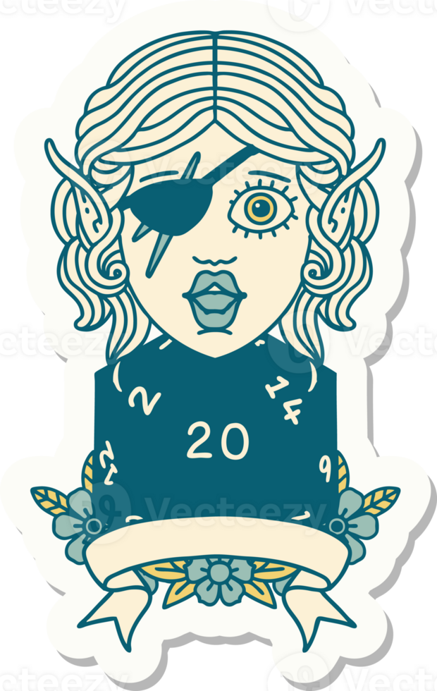 sticker of a elf rogue character with natural twenty dice roll png