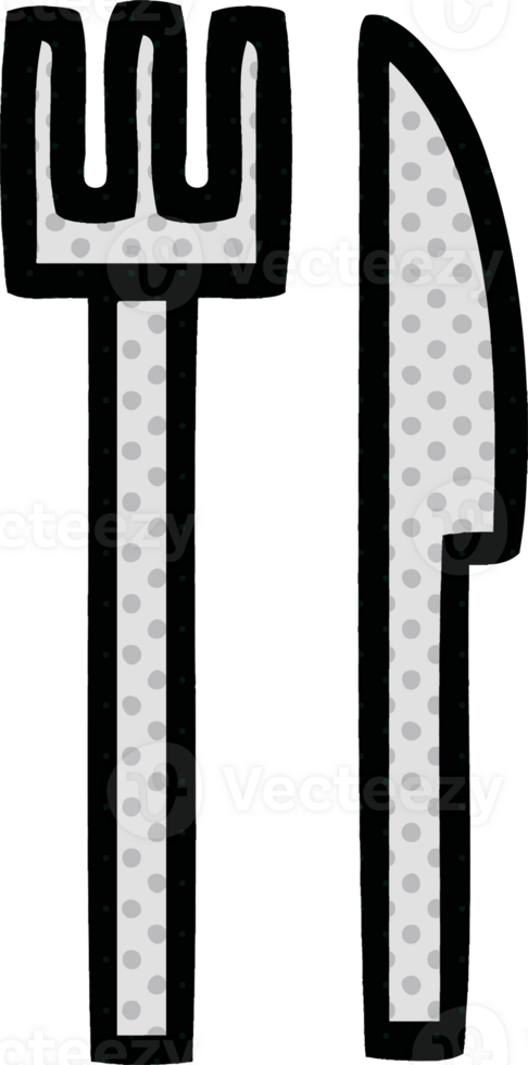 comic book style cartoon of a knife and fork png