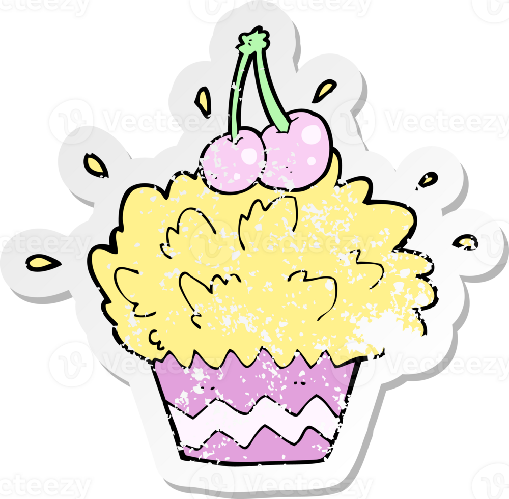 retro distressed sticker of a cartoon exploding cupcake png