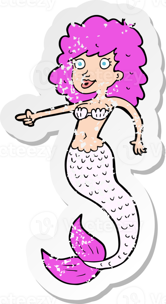 retro distressed sticker of a cartoon pink mermaid png