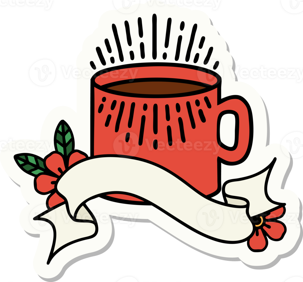tattoo style sticker with banner of cup of coffee png
