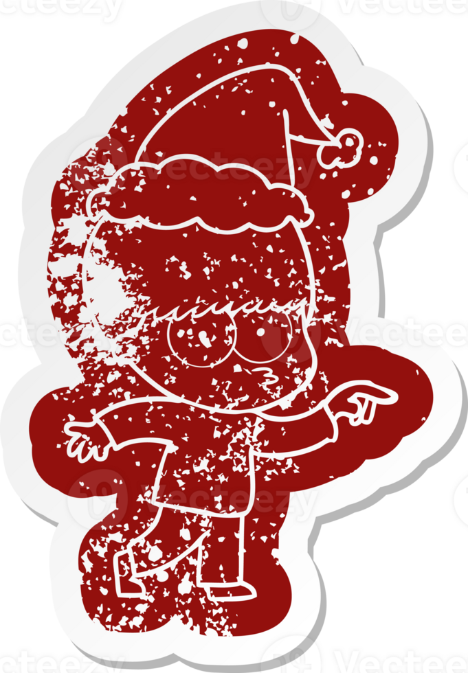 nervous quirky cartoon distressed sticker of a boy wearing santa hat png
