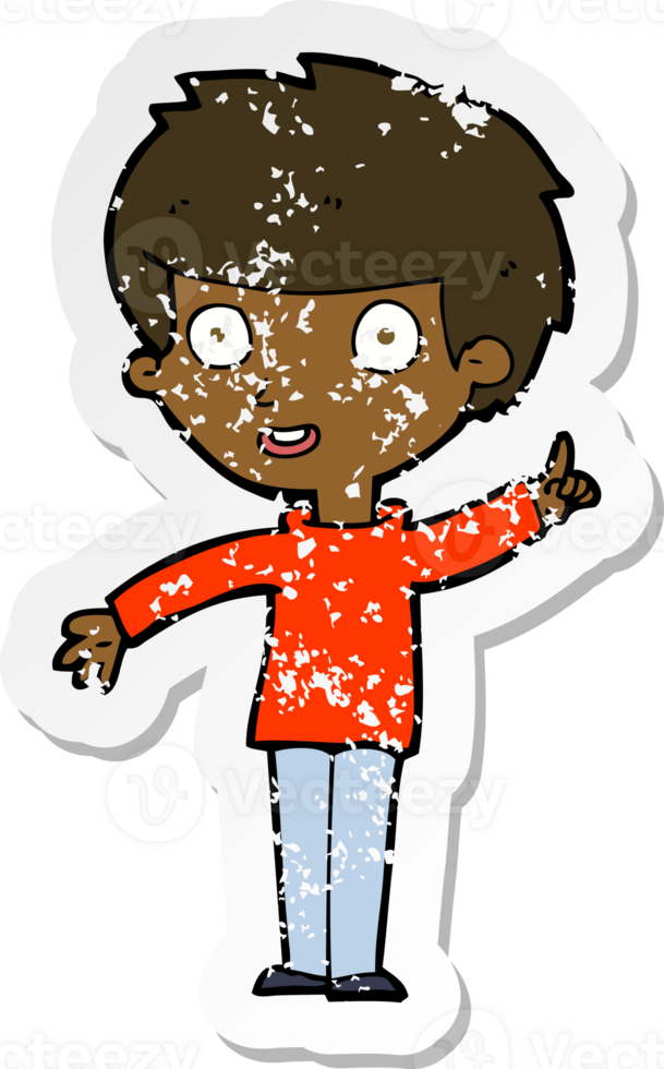 retro distressed sticker of a cartoon boy with idea png