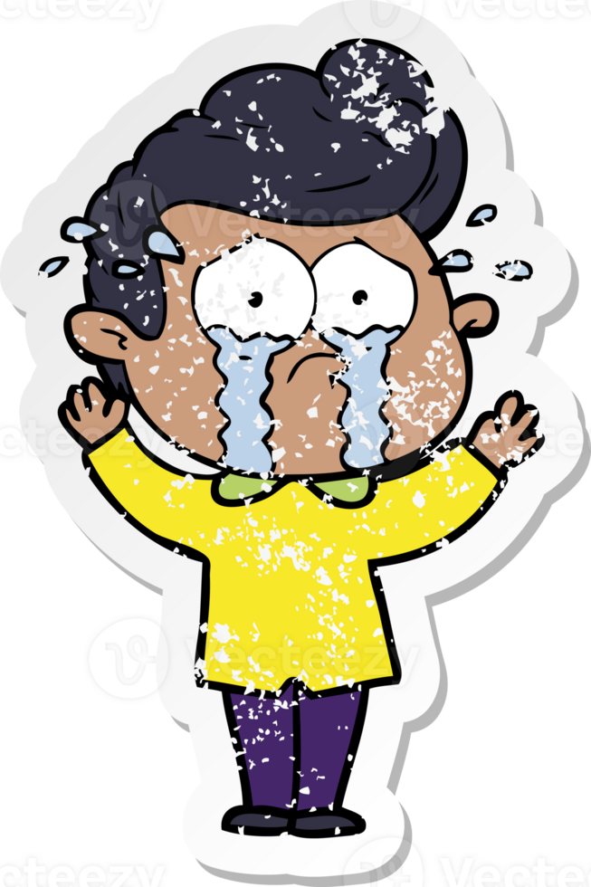 distressed sticker of a cartoon crying man png