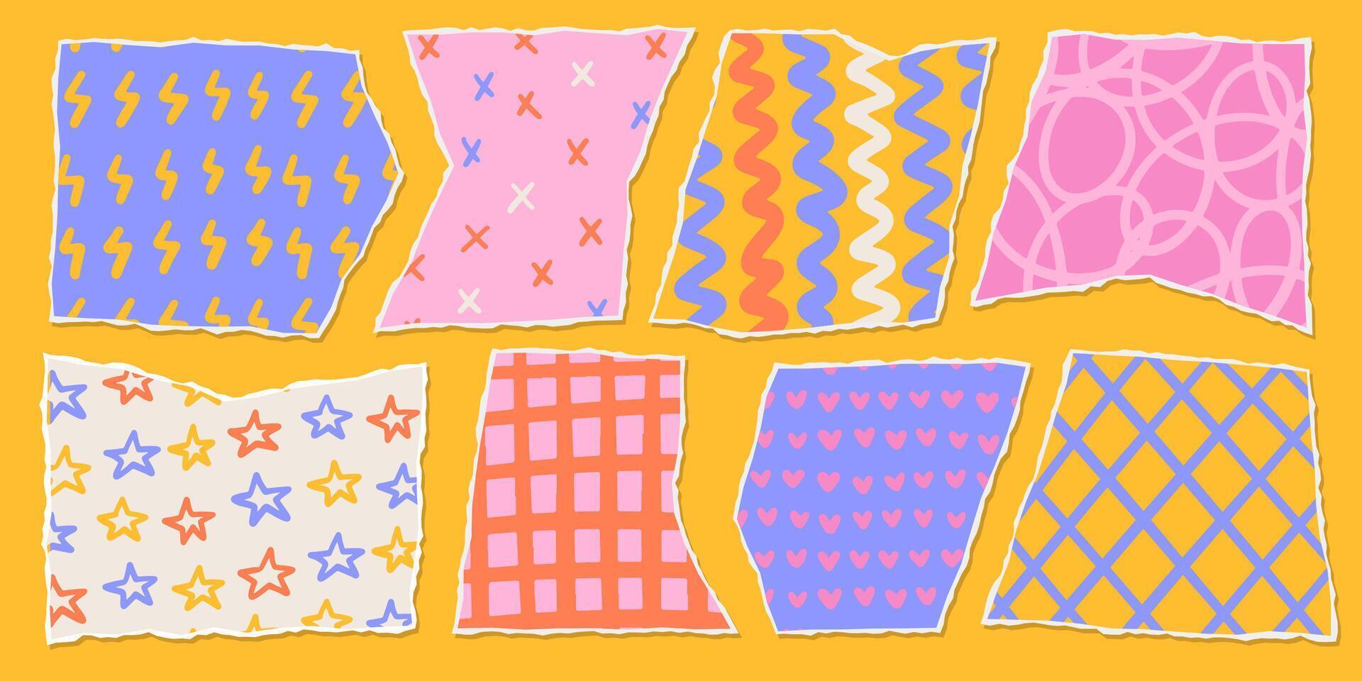 Ripped paper pieces for vintage collage compositions. illustrations set with jagged papers decorated with childish funny patterns. vector