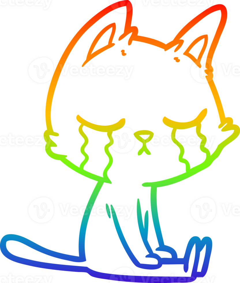 rainbow gradient line drawing of a crying cartoon cat sitting png
