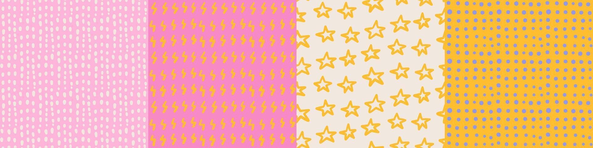 Colorful kiddy seamless patterns set. Naive hand drawn doodle background with hand drawn rough lightning, star, dot, stroke. Brush stroke simple shapes repeatable motif. illustration. vector