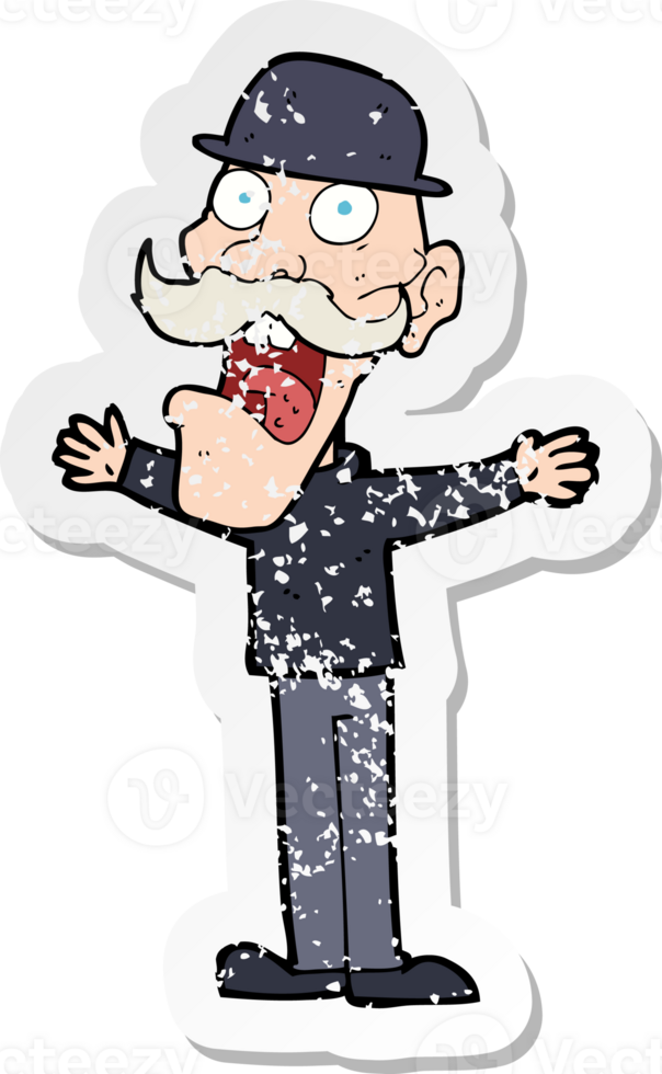 retro distressed sticker of a cartoon man wearing bowler hat png