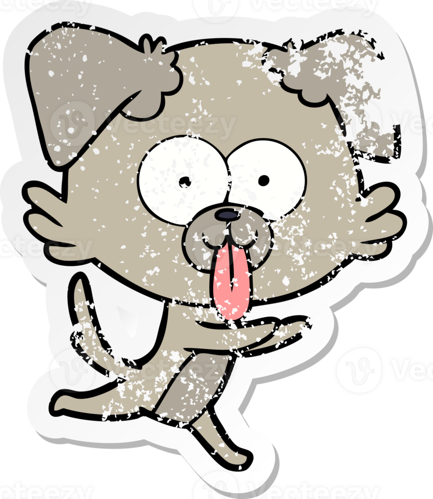 distressed sticker of a cartoon running dog with tongue sticking out png
