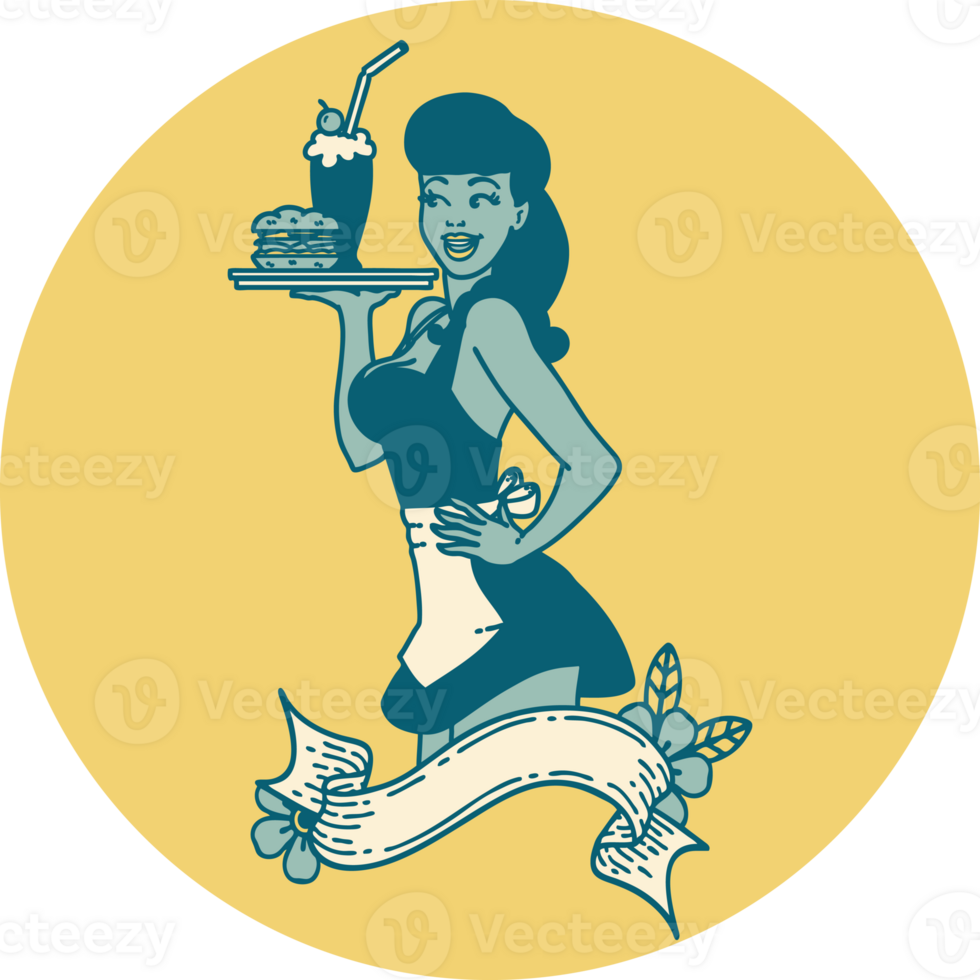 tattoo in traditional style of a pinup waitress girl with banner png