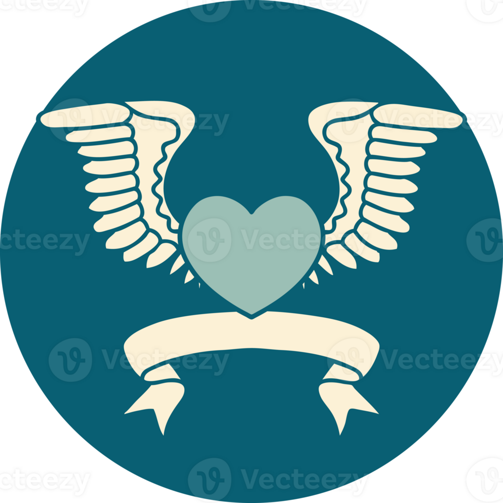 tattoo style icon with banner of a heart with wings png