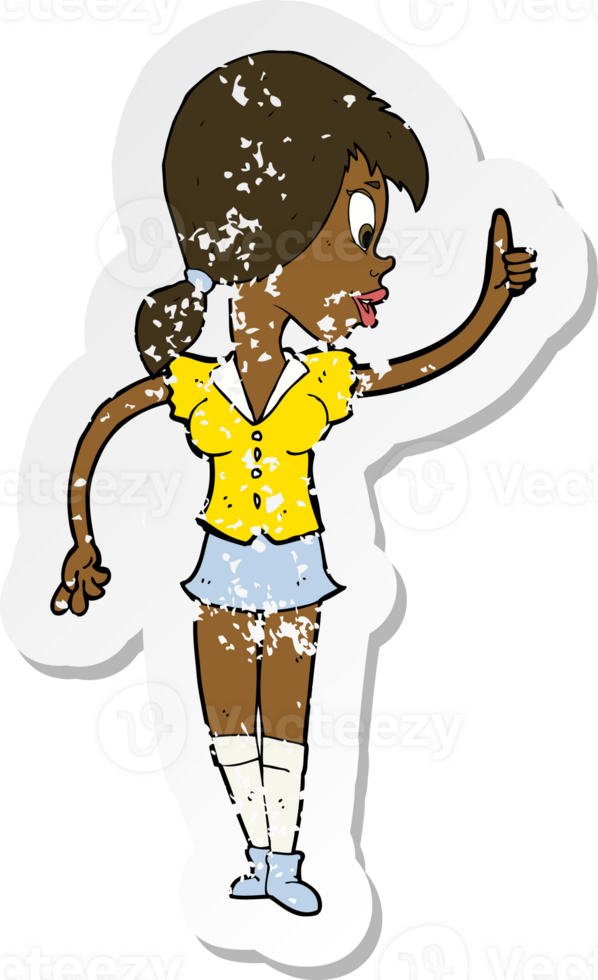 retro distressed sticker of a cartoon girl with idea png