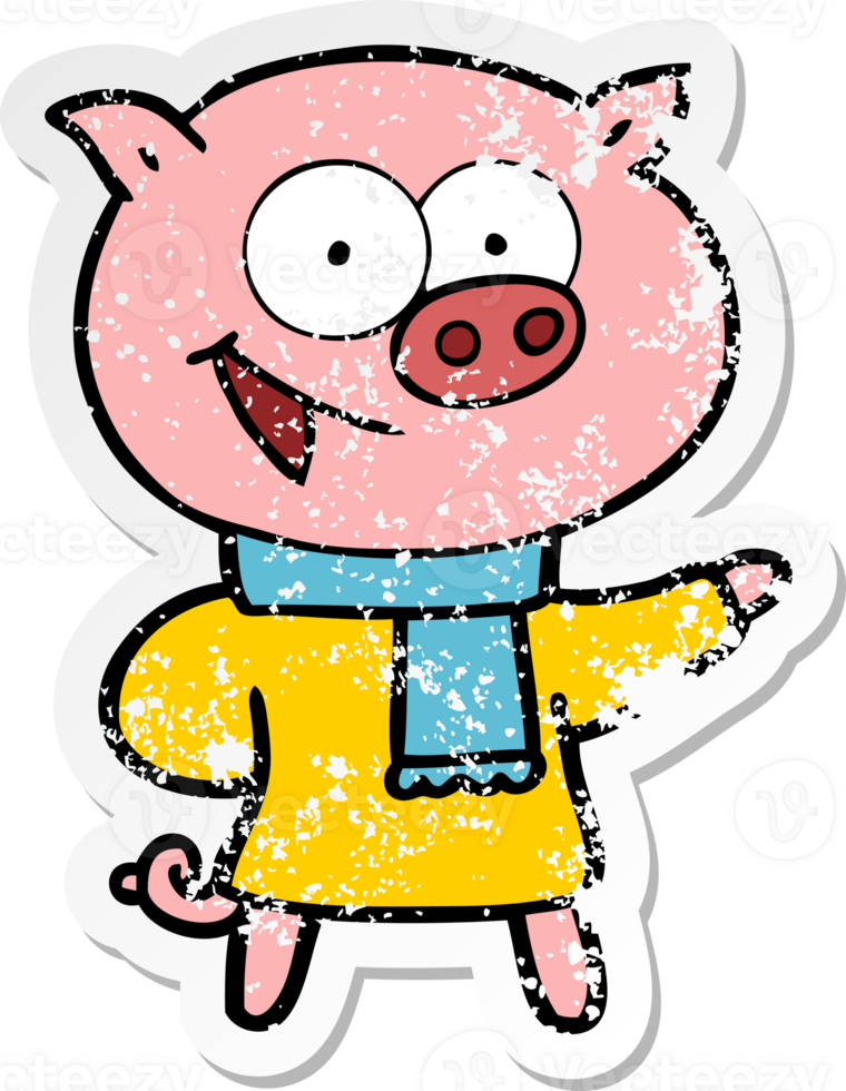 distressed sticker of a cheerful pig wearing winter clothes cartoon png