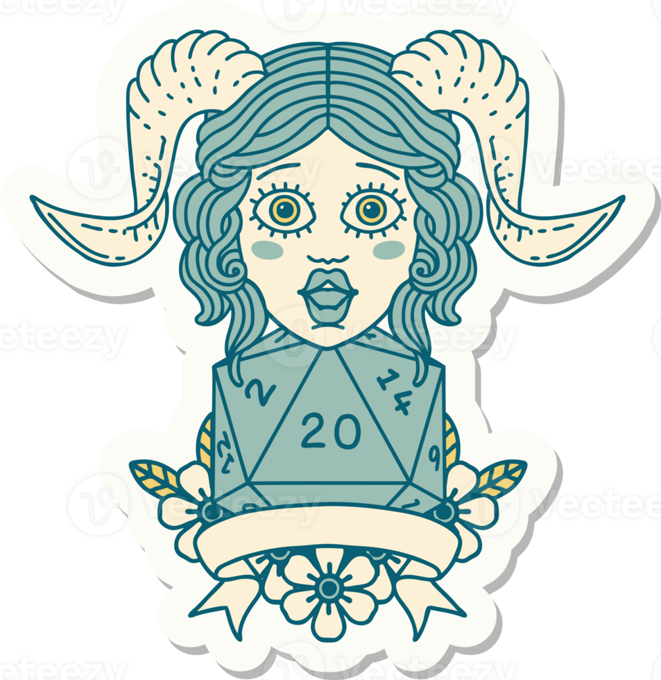 sticker of a tiefling with natural twenty dice roll png
