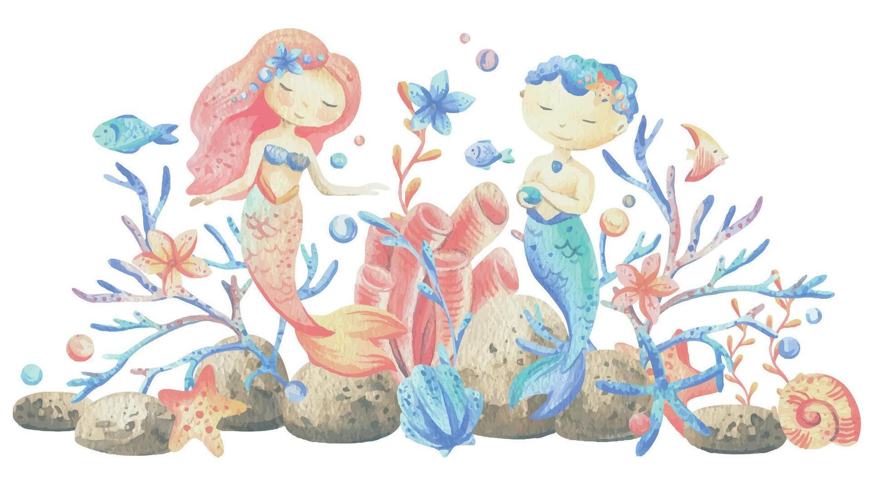 Mermaid little boy and girl with sea corals, algae, shells, starfish, fish, bubbles. Watercolor illustration hand drawn in coral, turquoise and blue colors. Composition isolated from the background. vector