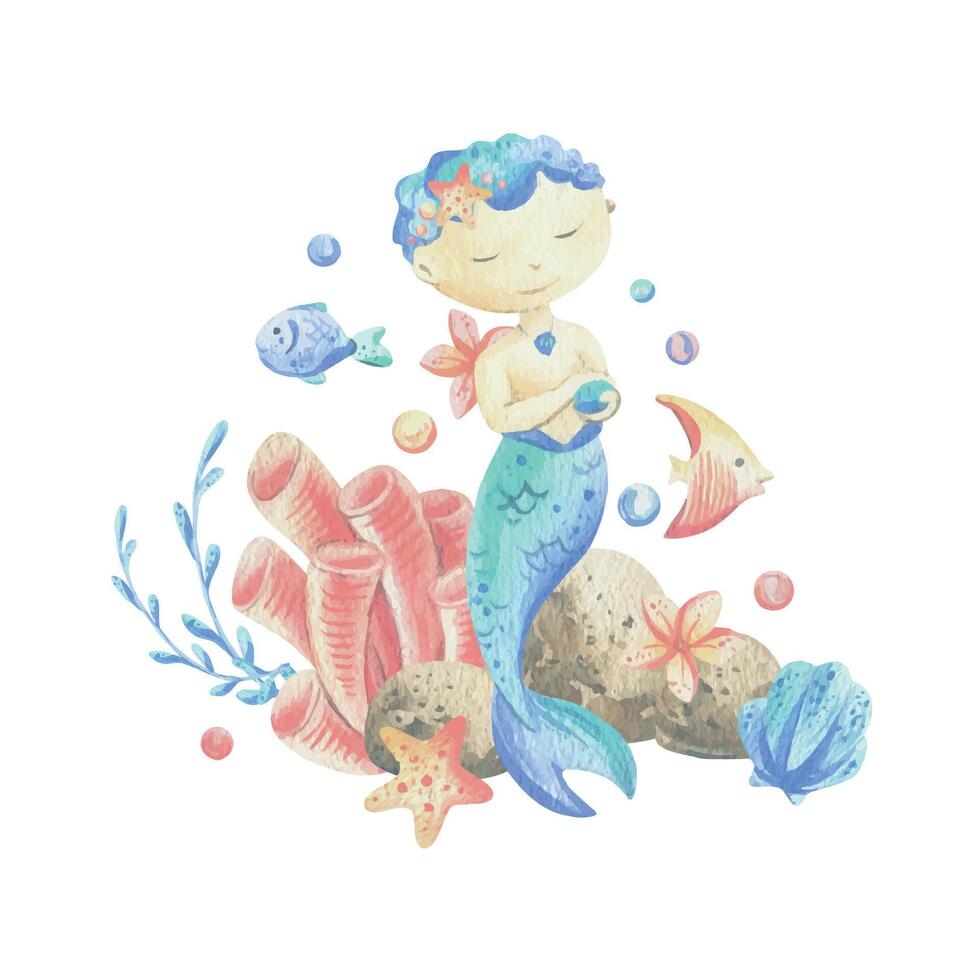 Mermaid little boy with sea corals, algae, shells, starfish, fish, bubbles. Watercolor illustration hand drawn in coral, turquoise and blue colors. Composition isolated from the background. vector