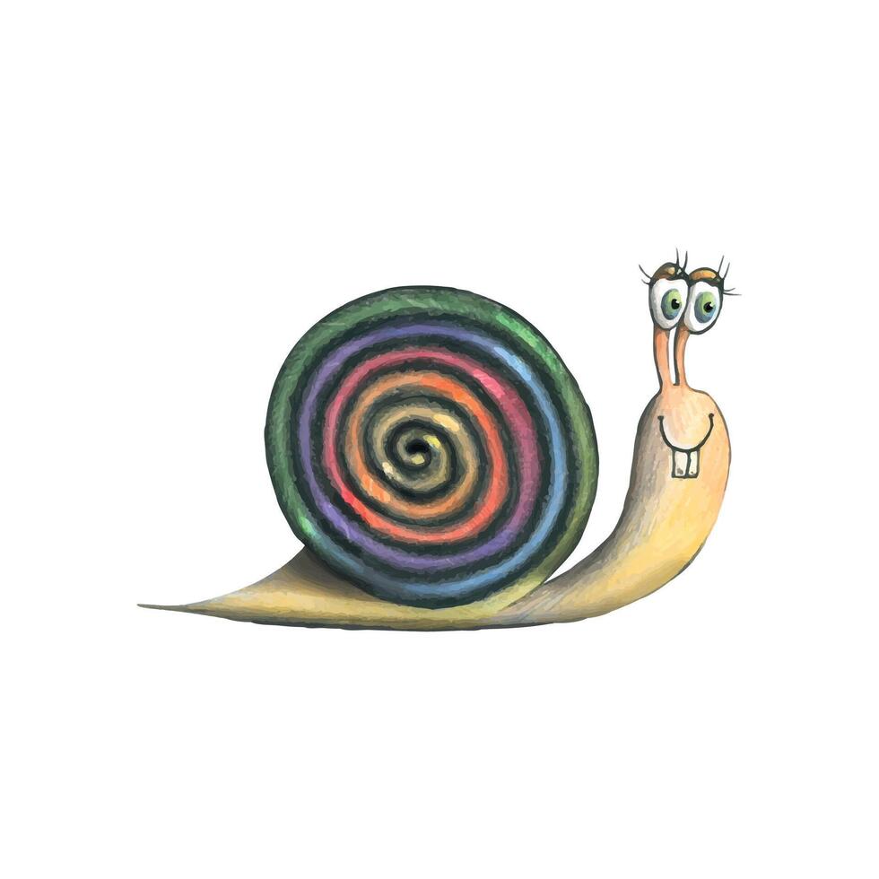 Illustration with colored pencils rainbow snail, abstraction. Cartoon, childish, bright. For posters, postcards, prints, patterns. vector