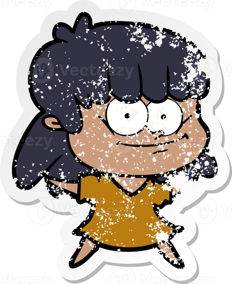distressed sticker of a cartoon girl smiling png