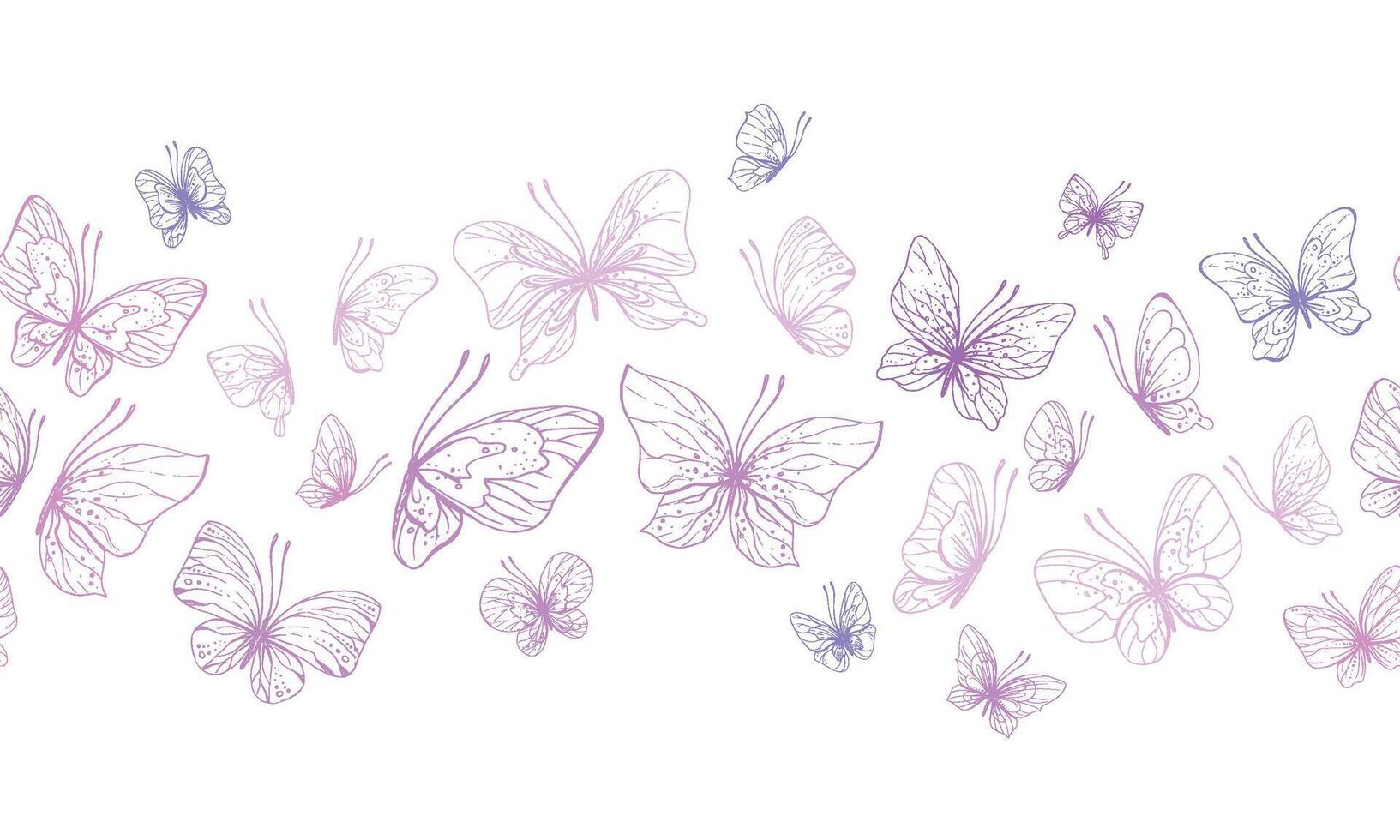 Butterflies are pink, blue, lilac, flying, delicate line art, clip art. Graphic illustration hand drawn in pink, lilac ink. Seamless board pattern EPS vector