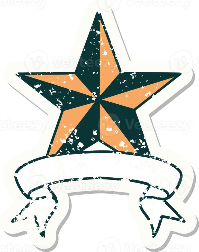 worn old sticker with banner of a star png