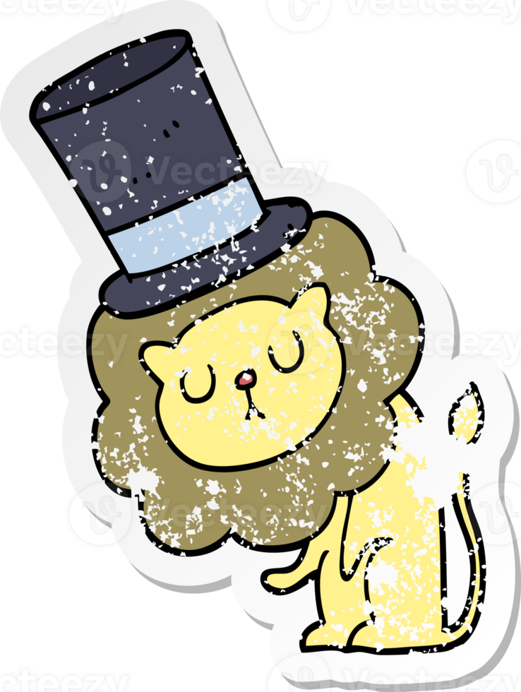 distressed sticker of a cute cartoon lion wearing top hat png
