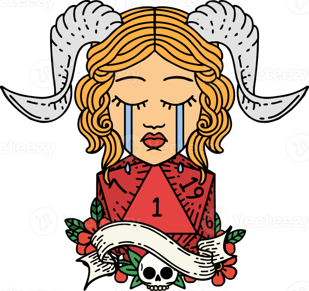 Retro Tattoo Style crying tiefling with natural one D20 dice roll png