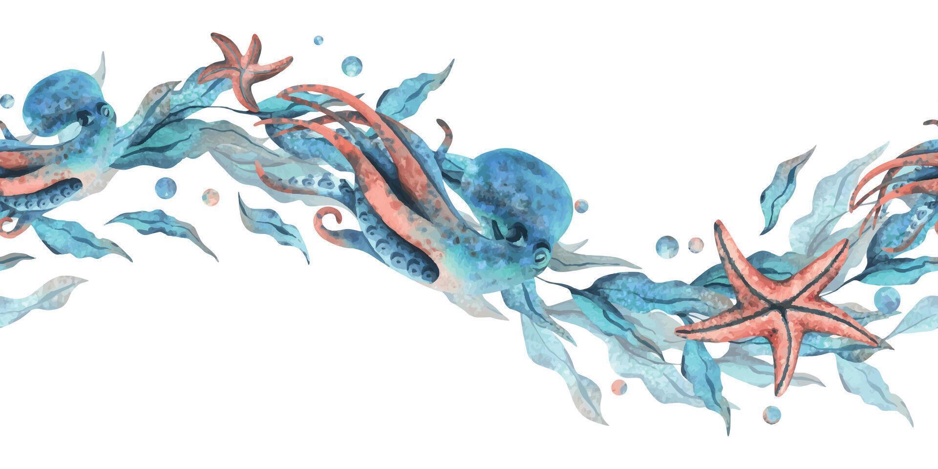 Octopus, seaweed in wave shape with starfish and water bubbles. Watercolor illustration hand drawn in turquoise and coral colors. Seamless border, pattern isolated from background vector
