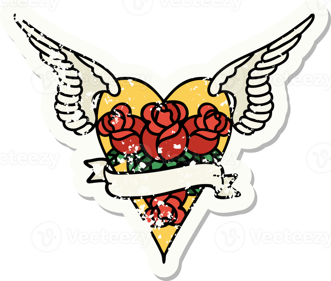 distressed sticker tattoo in traditional style of a flying heart with flowers and banner png