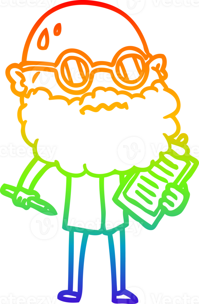 rainbow gradient line drawing of a cartoon worried man with beard and sunglasses taking survey png