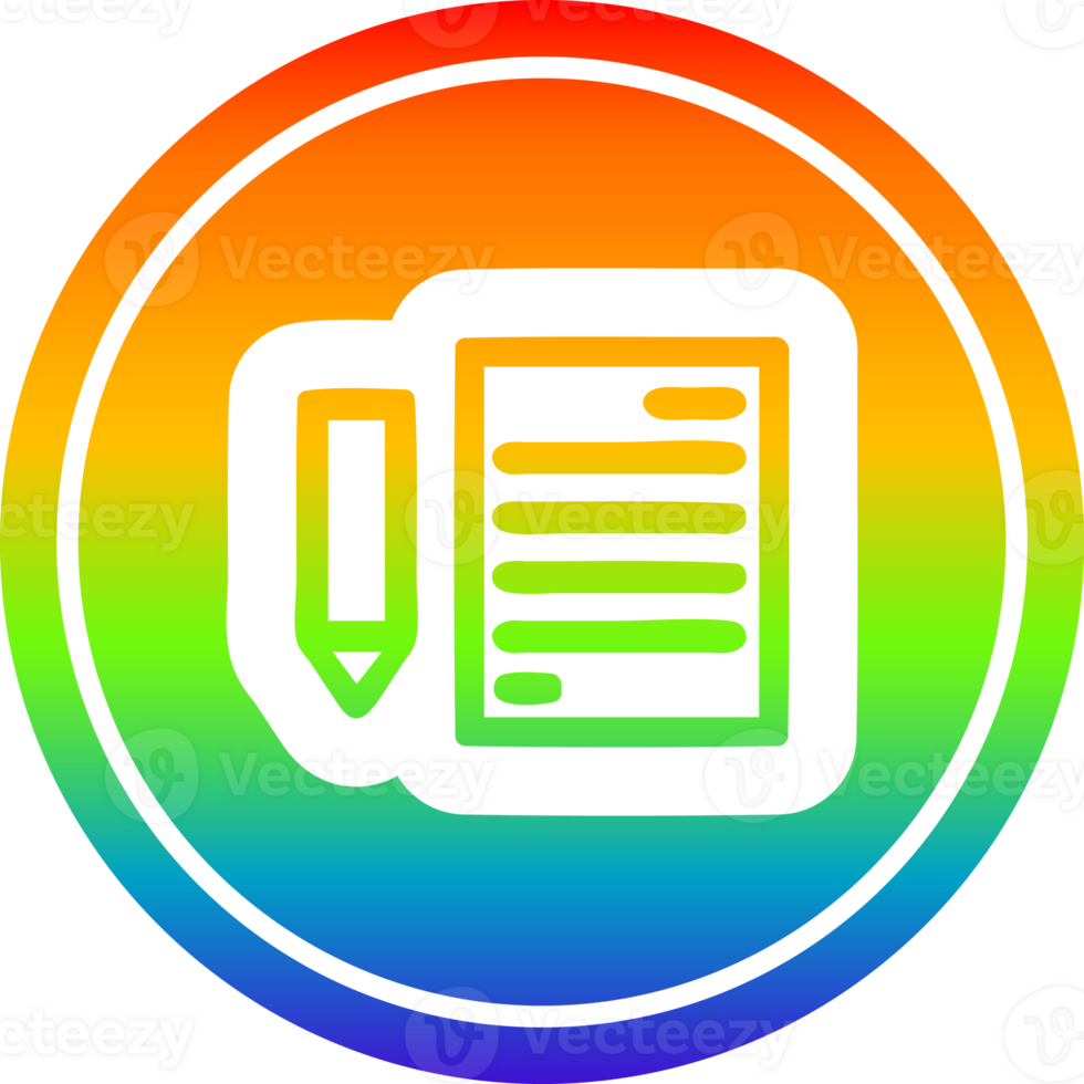 document and pencil circular icon with rainbow gradient finish png