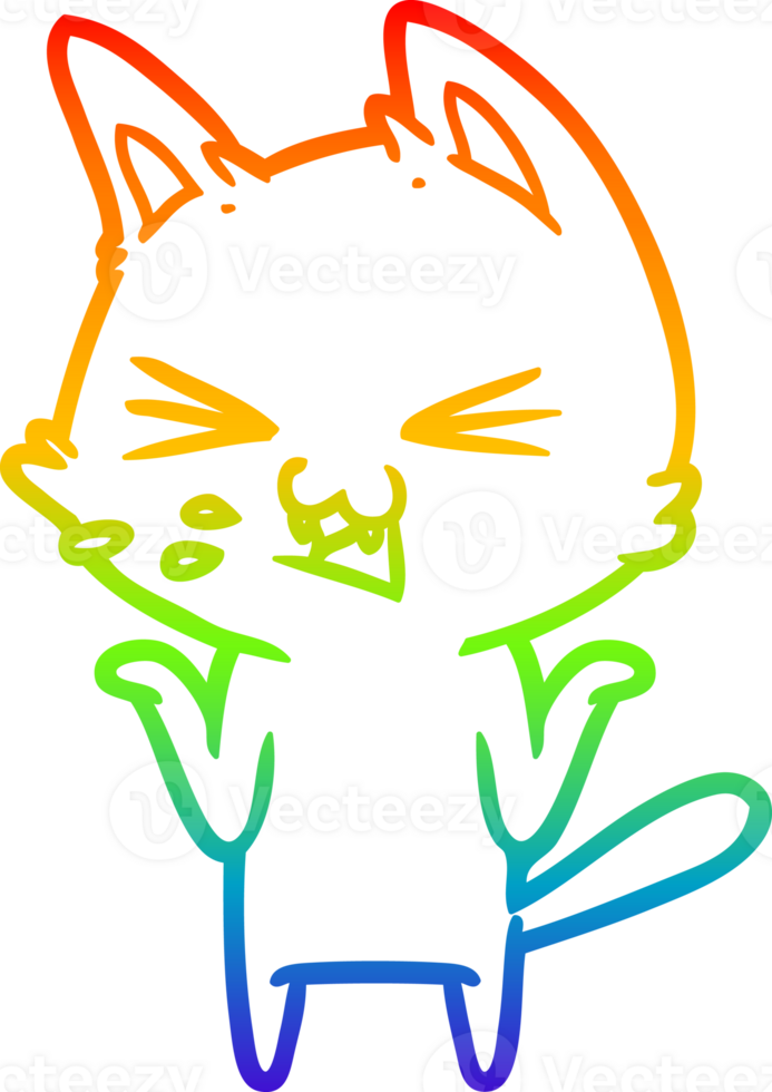 rainbow gradient line drawing of a cartoon cat hissing png