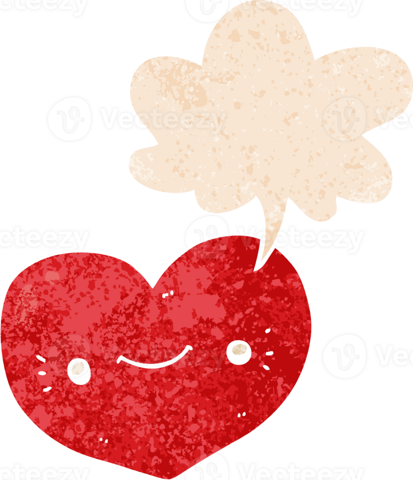 heart cartoon character with speech bubble in grunge distressed retro textured style png