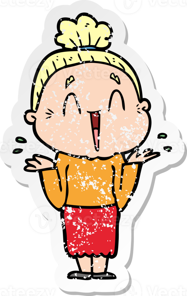 distressed sticker of a cartoon happy old lady png