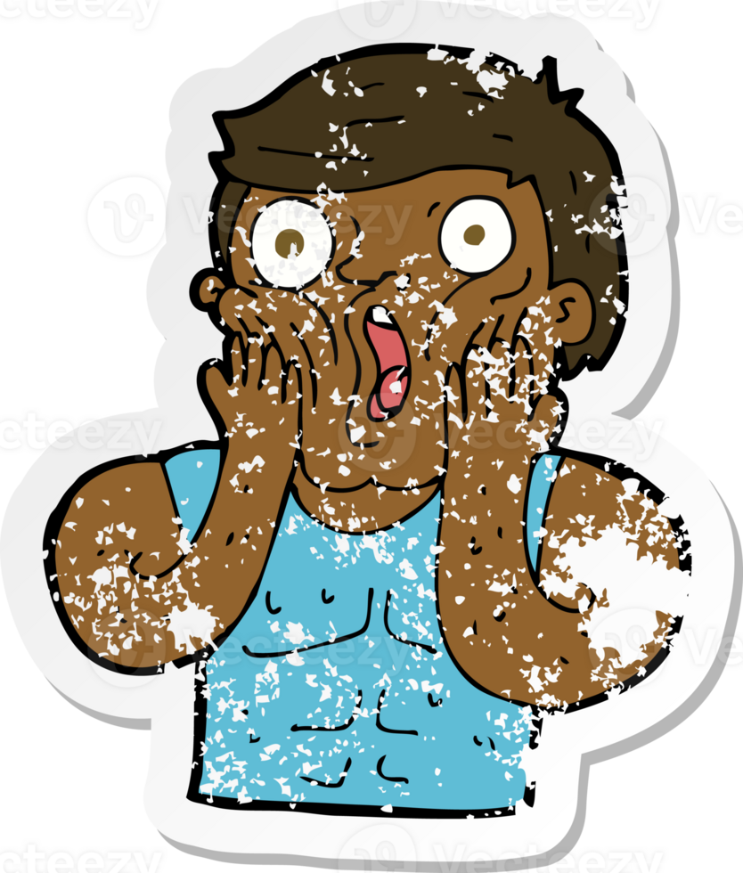 retro distressed sticker of a cartoon shocked gym man png