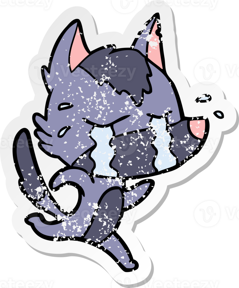 distressed sticker of a cartoon crying wolf png