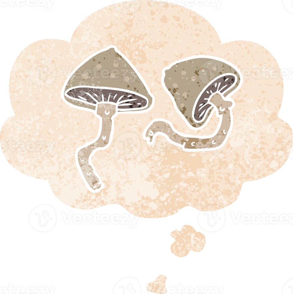 cartoon mushrooms with thought bubble in grunge distressed retro textured style png