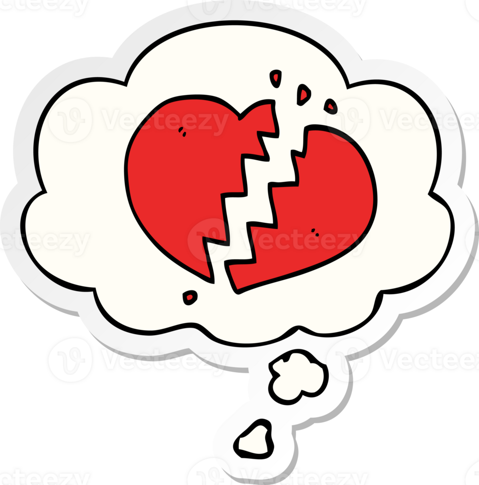 cartoon broken heart with thought bubble as a printed sticker png