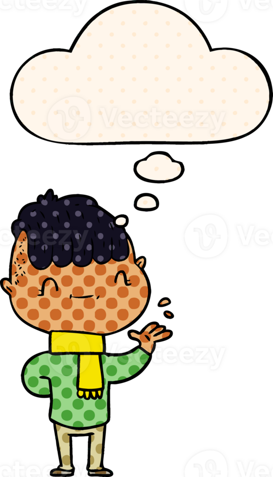 cartoon friendly boy with thought bubble in comic book style png