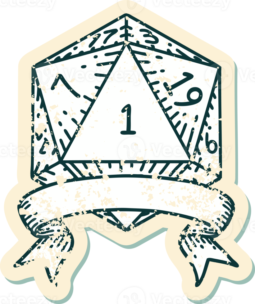 Retro Tattoo Style natural one d20 dice roll png